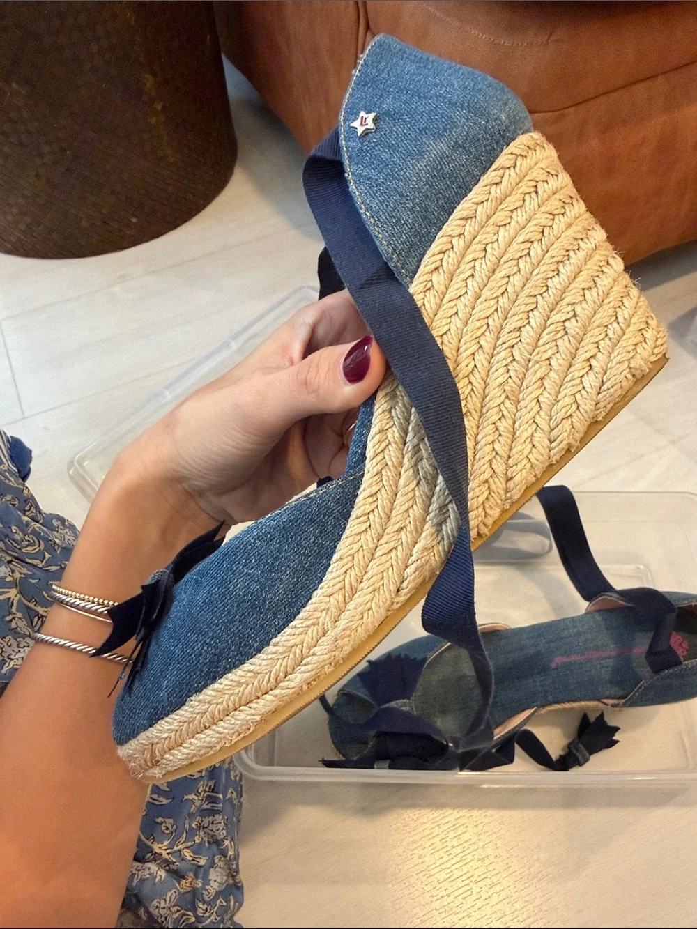 Denim Espadrille Wedge Sandals with Navy Ribbon Detail